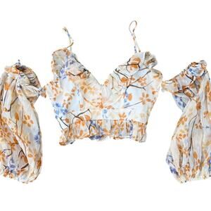 Floral Puff Sleeve Crop Top - Size S (AUS 8) Here Comes the Sun